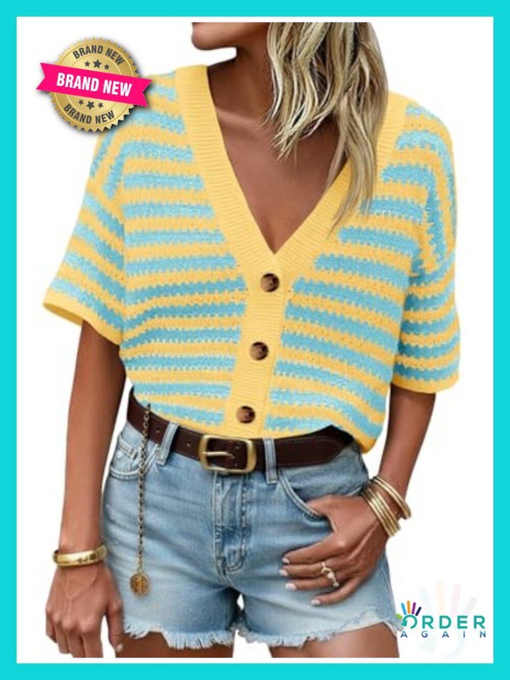 Striped Crochet Short Sleeve Cardigan Button Up Sweater